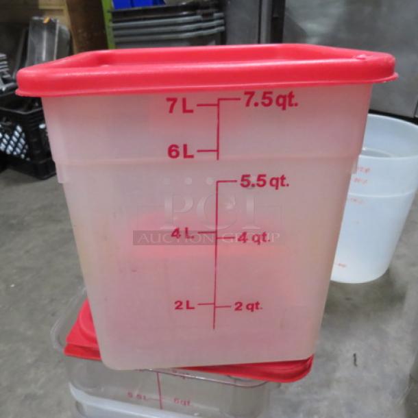 7.5 Quart food storage container with red lid. Measurement markings in liters and quarts. Used condition.
