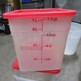 7.5 Quart food storage container with red lid. Measurement markings in liters and quarts. Used condition.