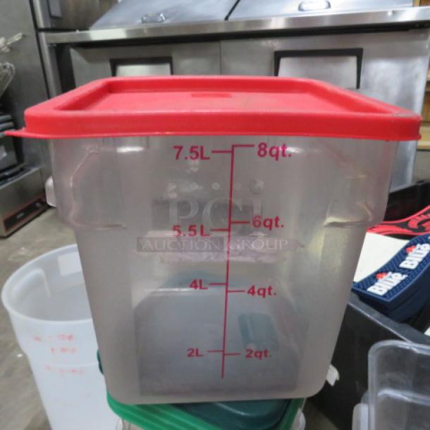 8 Quart food storage container with red lid, marked for quart and liter measurements; model 4XBID.