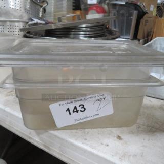 1/4 size 4-inch deep food storage container with lid, clear plastic, auction label with number 143, PCI Auctions branding.