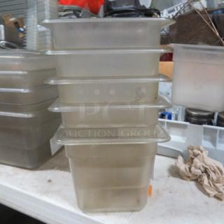 1/6 Size 6 Inch Deep Food Storage Containers, stack of six, clear plastic, used condition, minor wear visible.