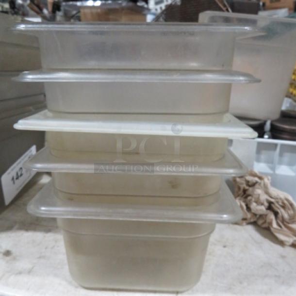 1/6 size, 4-inch deep food storage containers, stackable, translucent plastic, used condition.