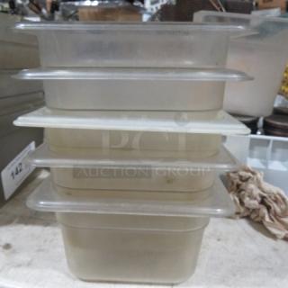 1/6 size, 4-inch deep food storage containers, stackable, translucent plastic, used condition.