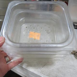 1/6 Size 4 Inch Deep Perforated Food Storage Container, clear plastic, gently used, with a visible orange tag.