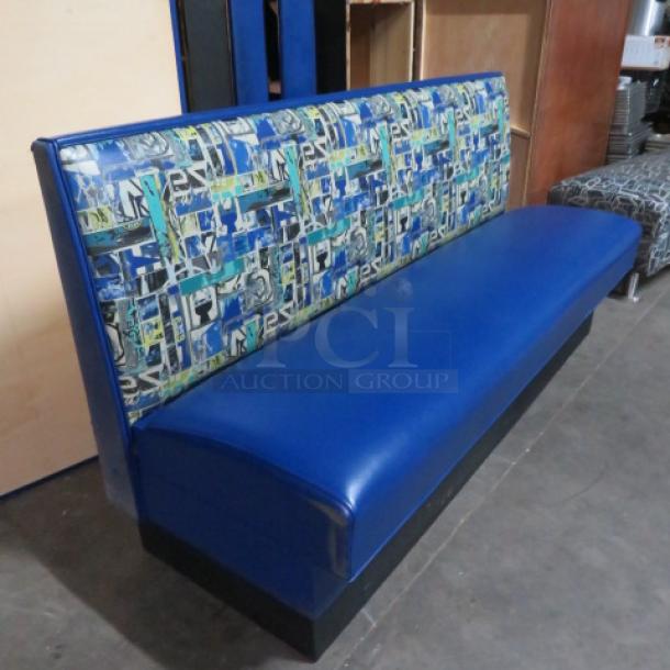 Single-sided booth with blue cushioned seat and patterned back, size 72x25x36, in good condition.