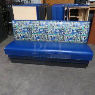 Single-sided booth with blue cushioned seat and patterned backrest, measuring 72x25x36 inches. Good condition.