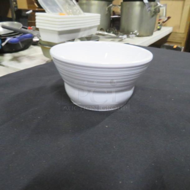 One lot of 25 GET B-10-MN white melamine ramekins, 4.5x2 inches, in good condition, stackable design.