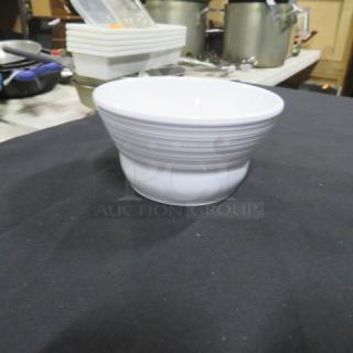 One lot of 25 GET B-10-MN white melamine ramekins, 4.5x2 inches, in good condition, stackable design.