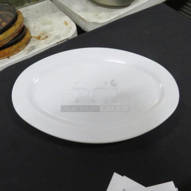 Lot of 25 Prolon Melamine Oval Platters, Model 9517, 13.5x9.5 inches, used, white, durable, high quality serving dishes.
