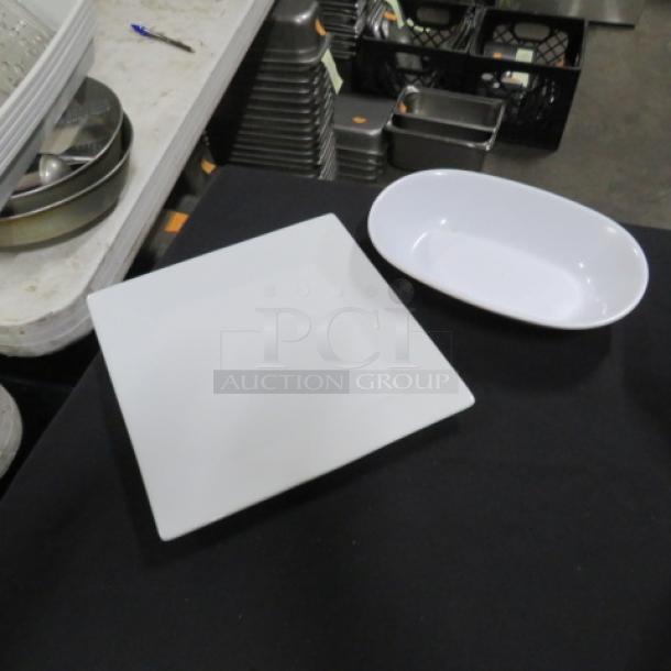One lot of 17 dishware items: 10 CAC 9x9 square plates and 7 oval 9x6 melamine bowls, excellent condition.