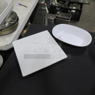 One lot of 17 dishware items: 10 CAC 9x9 square plates and 7 oval 9x6 melamine bowls, excellent condition.