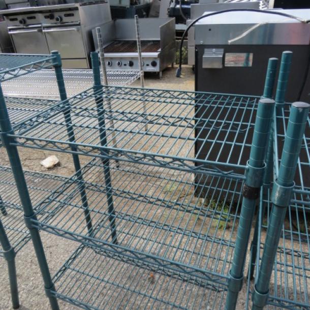 One Metro green shelf unit with 3 shelves, 24x18x35 inches, metal, good condition.