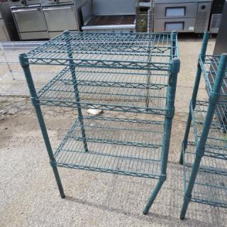 Green Metro shelf with three wire shelves, 24x18x35 inches. Durable metal frame, suitable for storage, good condition.