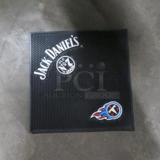 Jack Daniels bar mat, 17x17 inches, black with logo and emblem. Appears in good condition.