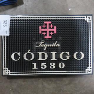 18x12 Código 1530 Tequila bar mat, black with pink and white logo, new condition, item tag visible.