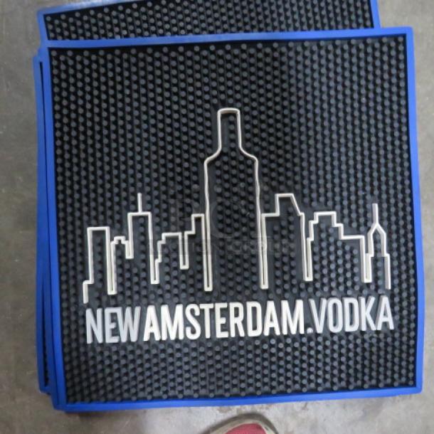 13x13 New Amsterdam Vodka bar mat featuring city skyline design in black and white, brand new condition.