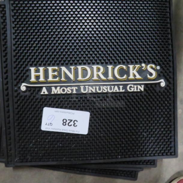 Hendricks bar mat, 14x14 inches, black with "HENDRICK'S: A Most Unusual Gin" logo. Includes label "328".