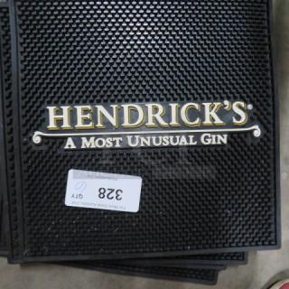 Hendricks bar mat, 14x14 inches, black with "HENDRICK'S: A Most Unusual Gin" logo. Includes label "328".