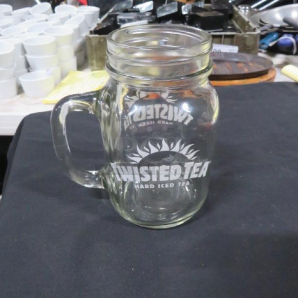 TWISTED TEA mason jar mug, clear glass, logo "TWISTED TEA Hard Iced Tea," sturdy handle, excellent condition.