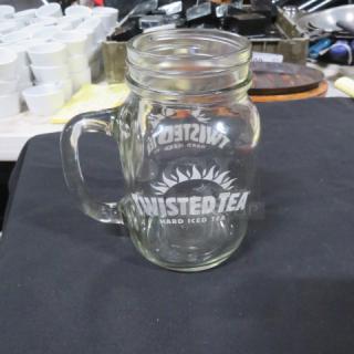 TWISTED TEA mason jar mug, clear glass, logo "TWISTED TEA Hard Iced Tea," sturdy handle, excellent condition.