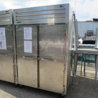 True 2 Door Stainless Steel Refrigerator Model STG2R-2S-HC, with 6 racks on casters, 115 Volt, dimensions 52.5"x34"x84".