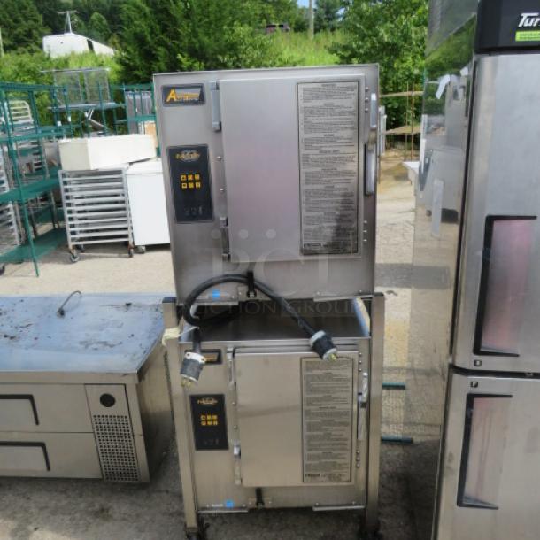 Accutemp Double Electric Convection Steamer, Model E62083D10000300, 208V, stainless steel, 27x25x64, excellent condition.