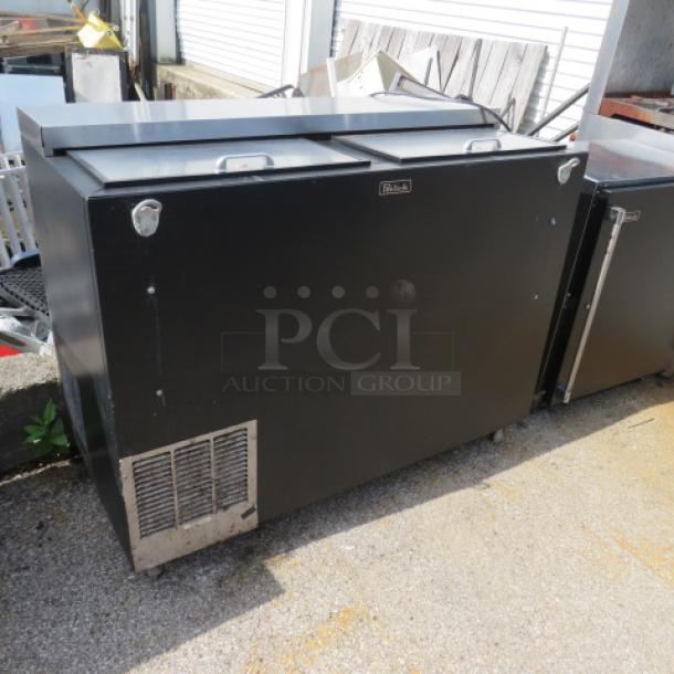 Perlick Bottle Box, Model BC48-1, 48x24x38 inches, working condition. Black exterior, dual doors, 115V.