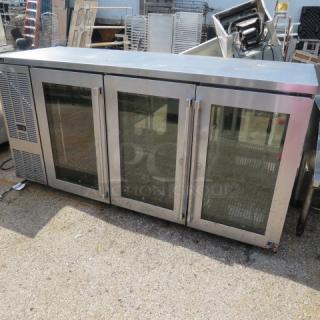 Perlick 3-Door Glass Back Bar Cooler, Model BBSN72-RT-1, 115V, 72X5X36, working condition.