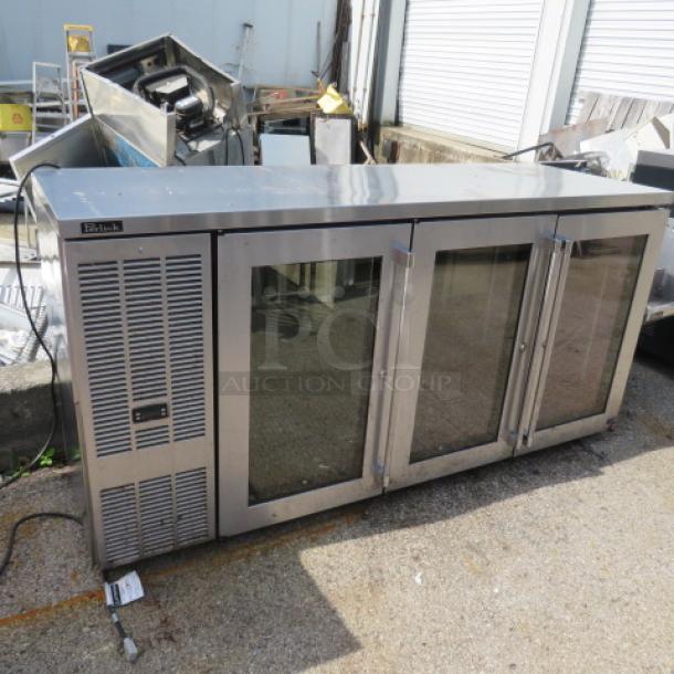 Perlick 3 Door Glass Back Bar Cooler, Model BBSN72-RT-1, 115V, 72"x5"x36", visible markings, stainless steel, used condition.