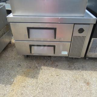 True TRCB-36 2 Drawer Chef Base, stainless steel, on casters. 36x2x25 inches. 115 Volt. Used condition.