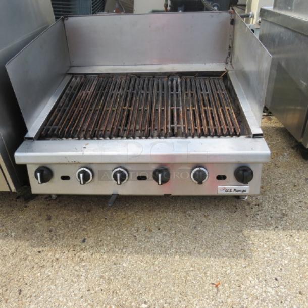US RANGE Natural Gas Charbroiler, 36x33x14 inches, working condition, stainless steel, five control knobs, vented backsplash.