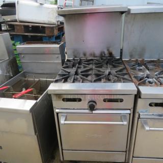 Sunfire 4 burner natural gas range with one rack, stainless steel overshelf, casters, Model# X24-4L, 23.5x33.5x56.