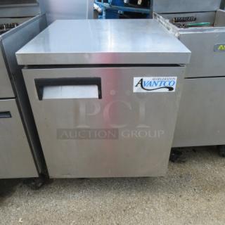 Avantco 1 Door Worktop Cooler, Model 178AU27RHC, with rack, on casters. Stainless steel, used condition, 27"x29.5"x36".