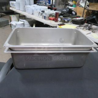 Full size 6-inch deep hotel pan, stainless steel, gently used, suitable for catering or restaurant use. Model: 2XBID.
