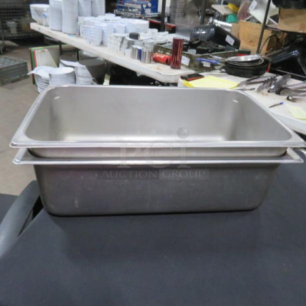 Full-size 6-inch deep hotel pan, stainless steel, used, clean condition, suitable for commercial kitchen use.
