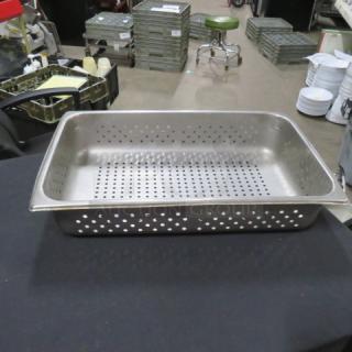 Full-size 4-inch deep perforated hotel pan, stainless steel, used condition, ideal for commercial kitchen use.