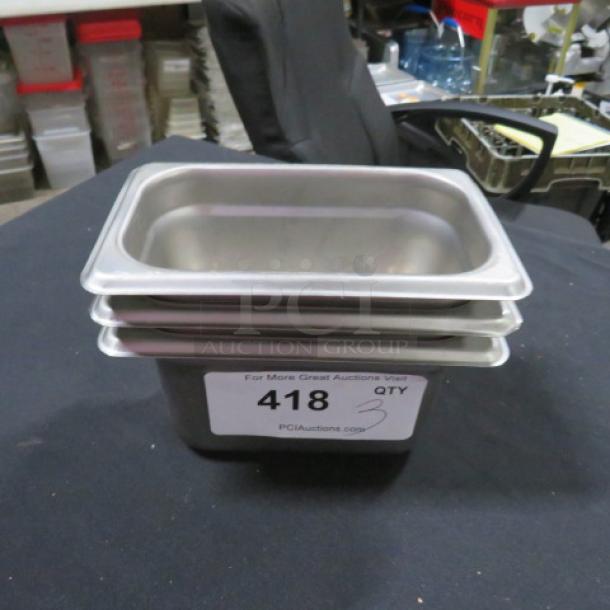 1/9 Size 4 Inch Deep Hotel Pan, stainless steel, stack of three, label shows auction info: "418 QTY 3 PCIAuctions.com".