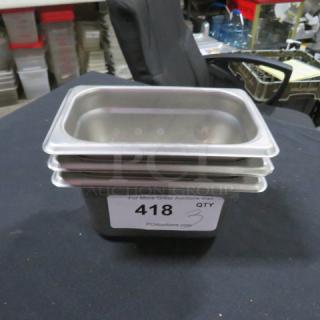 1/9 Size 4 Inch Deep Hotel Pan, stainless steel, stack of three, label shows auction info: "418 QTY 3 PCIAuctions.com".