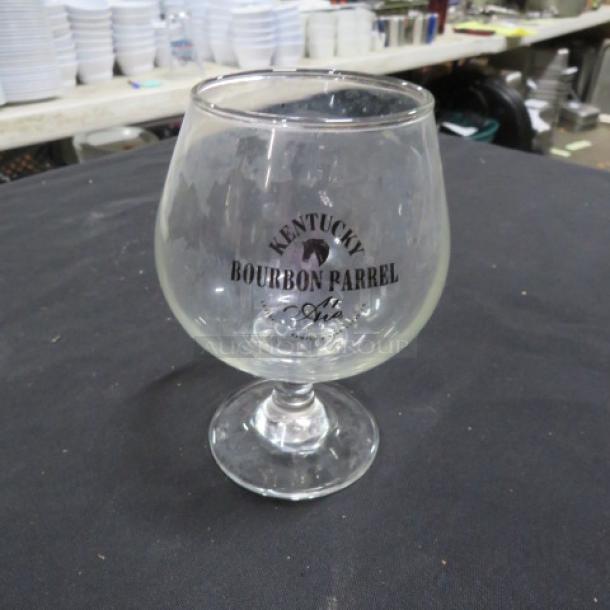 Stem bourbon glass with "Kentucky Bourbon Barrel Ale" logo, clear glass, round bowl, excellent condition.
