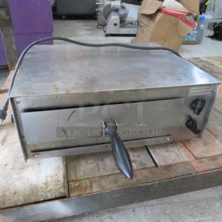 Fusion Pizza Oven Model 508, 120V, 1450W, 18x16x8, stainless steel exterior, visible handle and dials, used condition.
