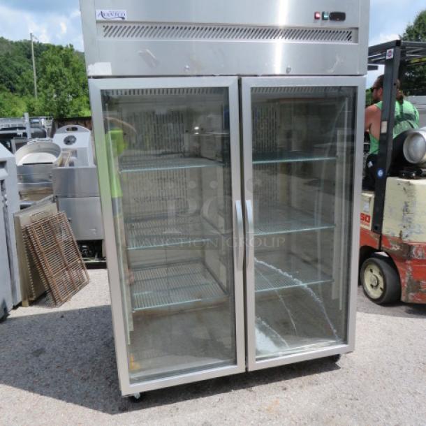 Avantco 2-door glass display cooler, model 178Z2RGHC, with 6 racks, on casters. Measures 53.5x32x82 inches. 115 Volt.