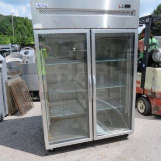 Avantco 2-door glass display cooler, model 178Z2RGHC, with 6 racks, on casters. Measures 53.5x32x82 inches. 115 Volt.