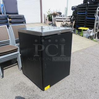 Micromatic one-door keg box on casters, model MDD23ENTMX, 220V, 25x28x38, unable to test, black finish.