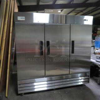 Koolmore 3-door stainless steel freezer, model RIF-3D-SS, with 9 racks and casters. Dimensions 81x33x83 inches. 115 volt.