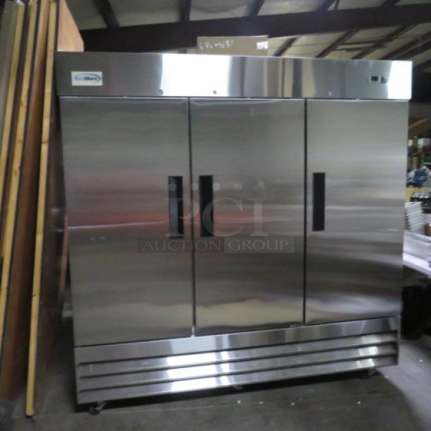 Koolmore 3-door stainless steel freezer with 9 racks, model RIF-3D-SS, on casters. Measures 81x33x83 inches. 115V.