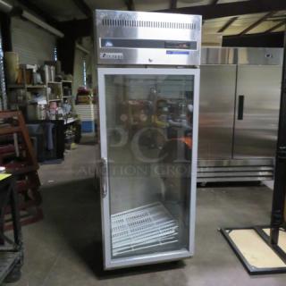Everest ESGR1 glass door display cooler, includes 4 racks, on casters, 115V, excellent condition, branding visible.