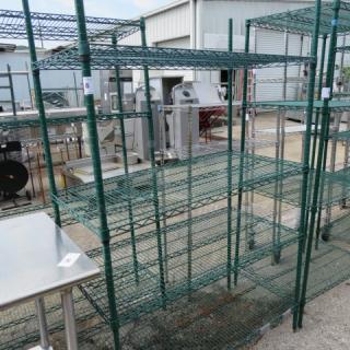 Green-coated Metro shelf with 4 adjustable shelves, 48x24x74, durable wire construction, used condition, ideal for storage.