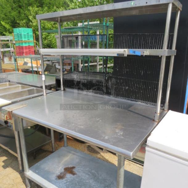 Stainless steel table with under shelf, 2 overhead shelves, 36" San Jamar ticket rail, 10lb can opener bracket, 48x31x66.5".