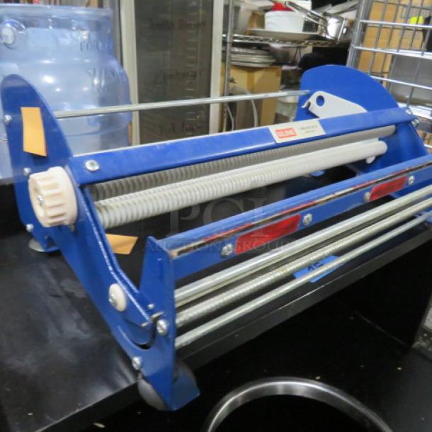 Uline tabletop tape and label dispenser, model KTDL18. Blue metal frame, used but good condition, with visible Uline label.