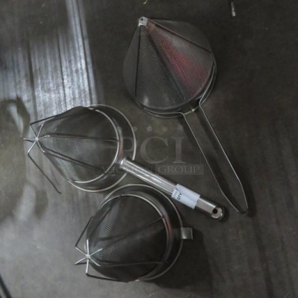 Assorted cone strainers set, featuring mesh design and metal handles, shown in good condition. Tag reads "3XBID."